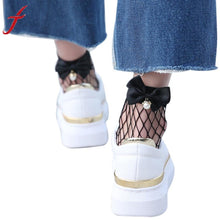 Load image into Gallery viewer, Fish Net Short Socks Women Ruffle Fishnet Ankle High Socks Bow Tie Hollow Out Thin Mesh Lace Chaussettes Femme