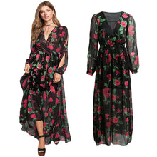 Load image into Gallery viewer, Sexy Women Maxi Dress Sheer Chiffon Floral Cross V-Neck Cut Out Sleeve Elastic Waist Boho Long Dress Black