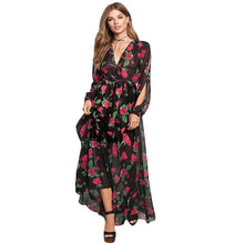 Load image into Gallery viewer, Sexy Women Maxi Dress Sheer Chiffon Floral Cross V-Neck Cut Out Sleeve Elastic Waist Boho Long Dress Black