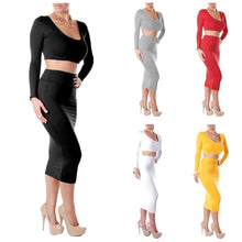 Load image into Gallery viewer, Sexy Women Two Pieces Long Sleeve Bodycon Crop Top Pencil Skirt Dress Twin Set Party Clubwear Grey