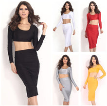Load image into Gallery viewer, Sexy Women Two Pieces Long Sleeve Bodycon Crop Top Pencil Skirt Dress Twin Set Party Clubwear Grey